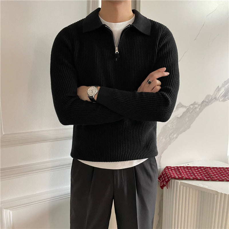 Men's waffle knit half zip polo jumper in black – Sylar – arms crossed