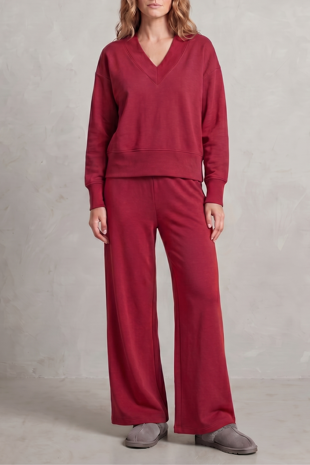 Women's V-Neck Top and Wide-Leg Trouser Lounge Set - Hesselie