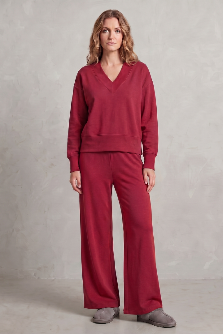 Women's V-Neck Top and Wide-Leg Trouser Lounge Set - Hesselie