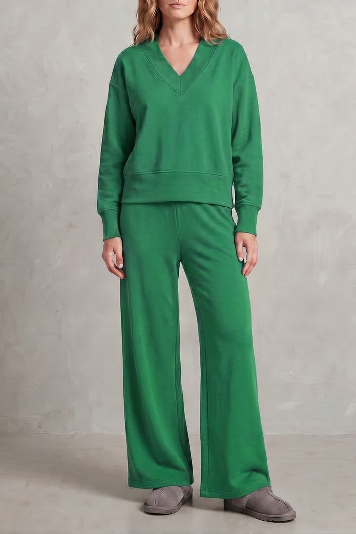 Women's V-Neck Top and Wide-Leg Trouser Lounge Set - Hesselie
