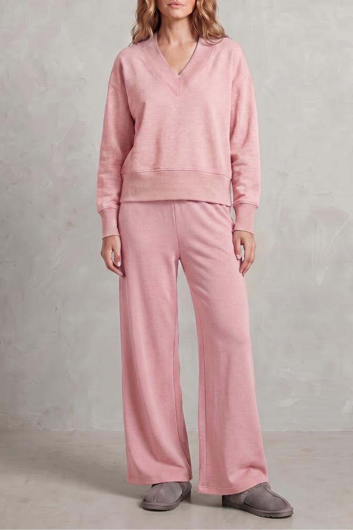 Women's V-Neck Top and Wide-Leg Trouser Lounge Set - Hesselie