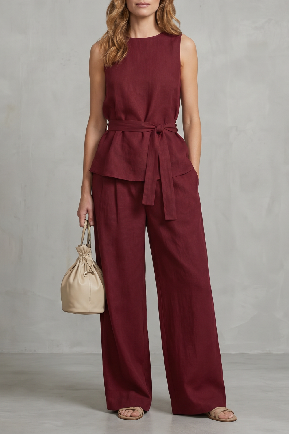 Women's Tie Waist Top and Wide Leg Trouser Co-ord Set - Beaurielle