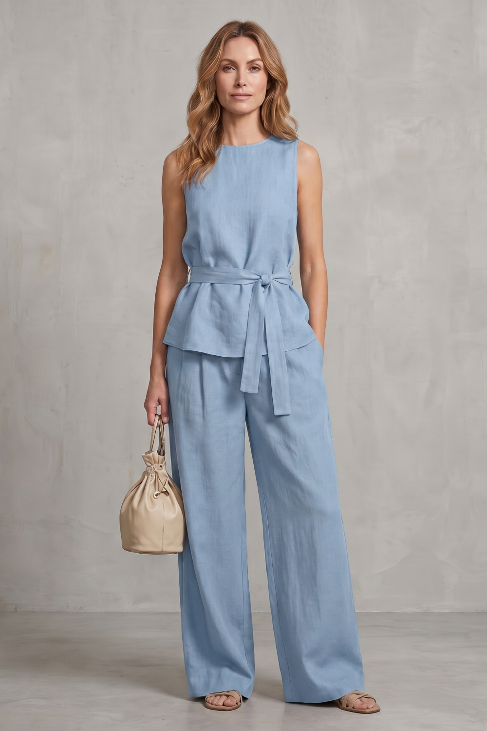 Women's Tie Waist Top and Wide Leg Trouser Co-ord Set - Beaurielle
