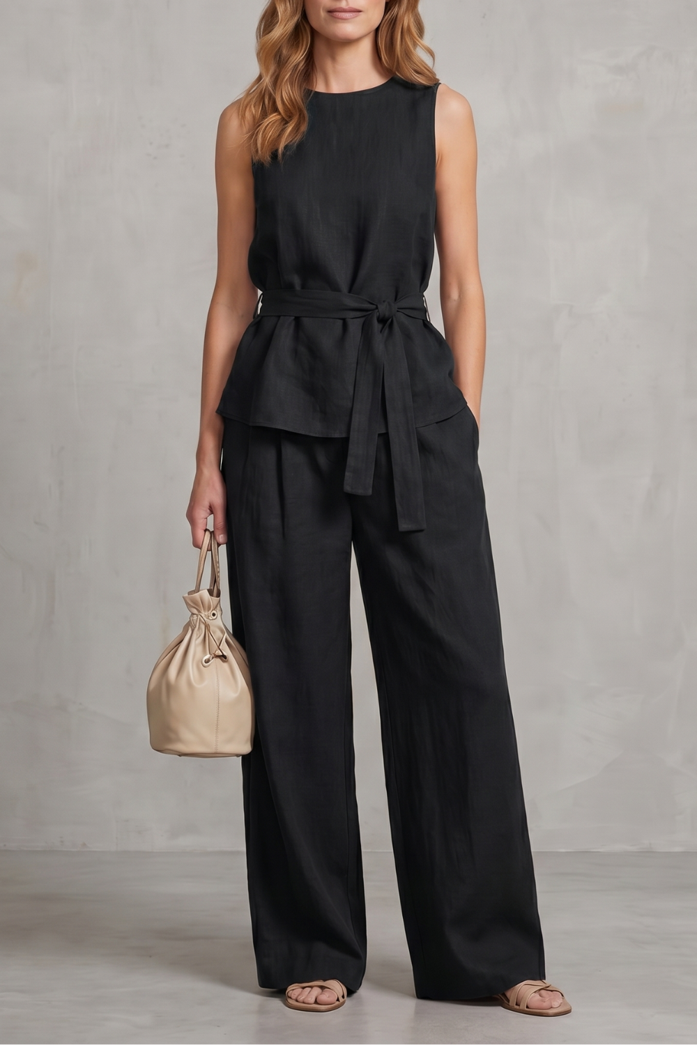 Women's Tie Waist Top and Wide Leg Trouser Co-ord Set - Beaurielle