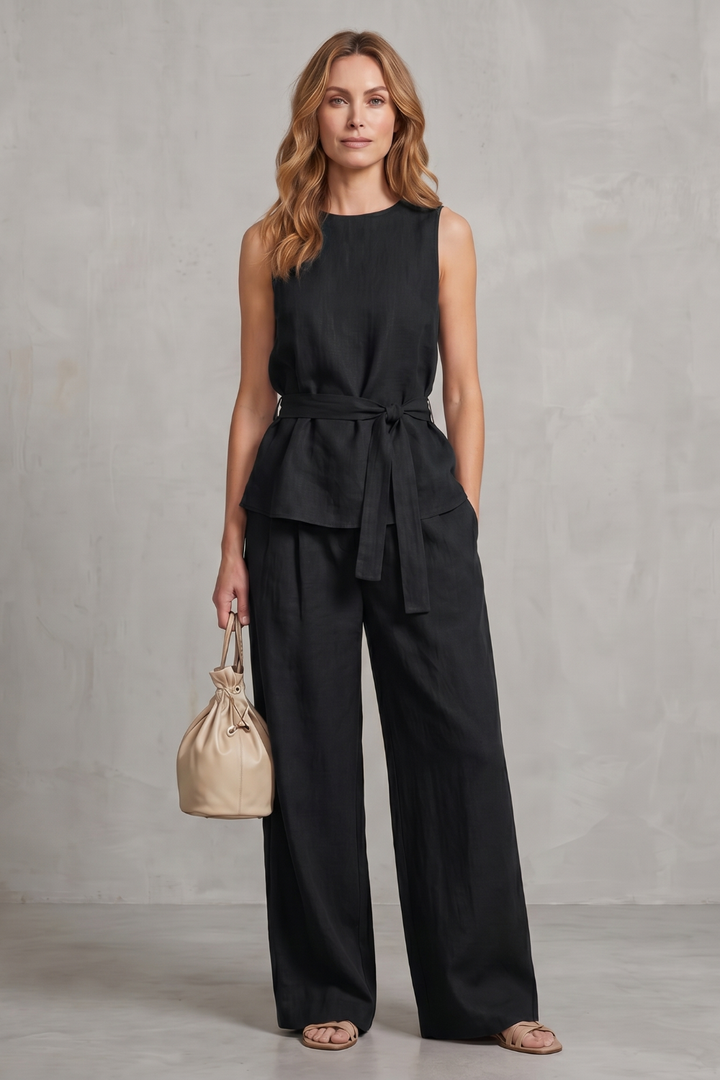 Women's Tie Waist Top and Wide Leg Trouser Co-ord Set - Beaurielle