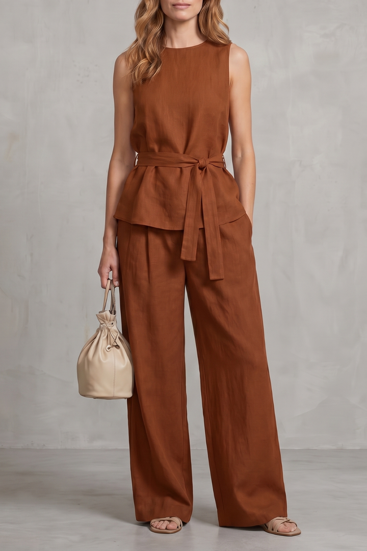 Women's Tie Waist Top and Wide Leg Trouser Co-ord Set - Beaurielle