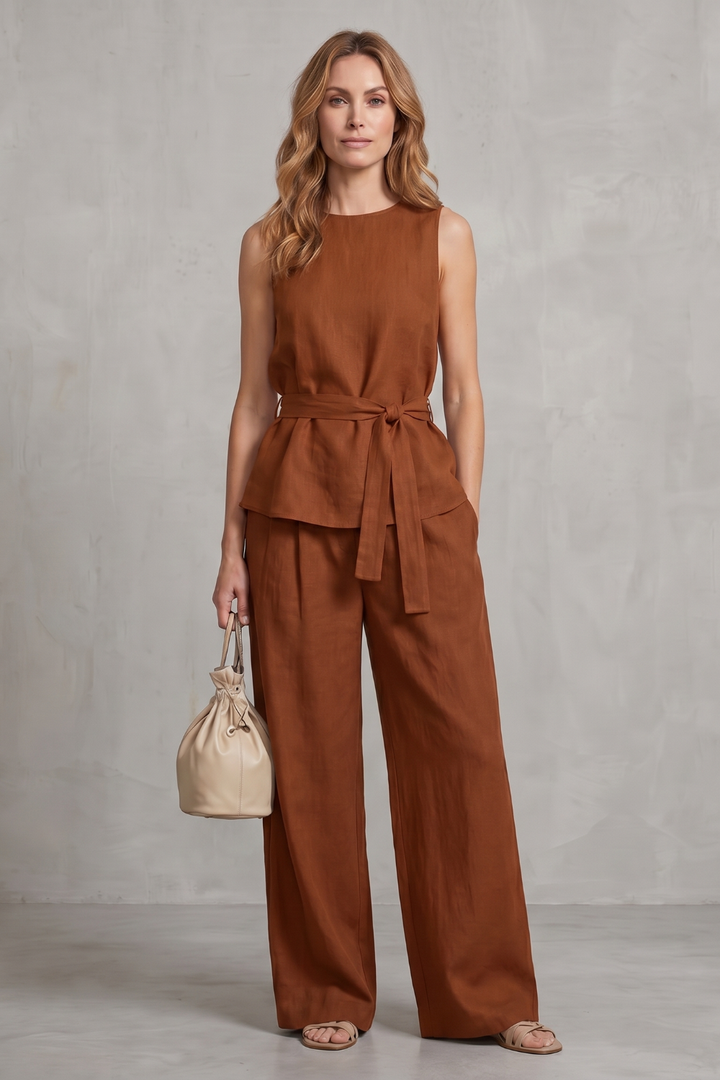 Women's Tie Waist Top and Wide Leg Trouser Co-ord Set - Beaurielle