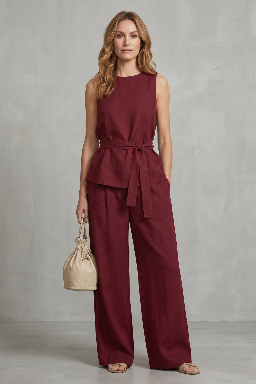 Women's Tie Waist Top and Wide Leg Trouser Co-ord Set - Beaurielle
