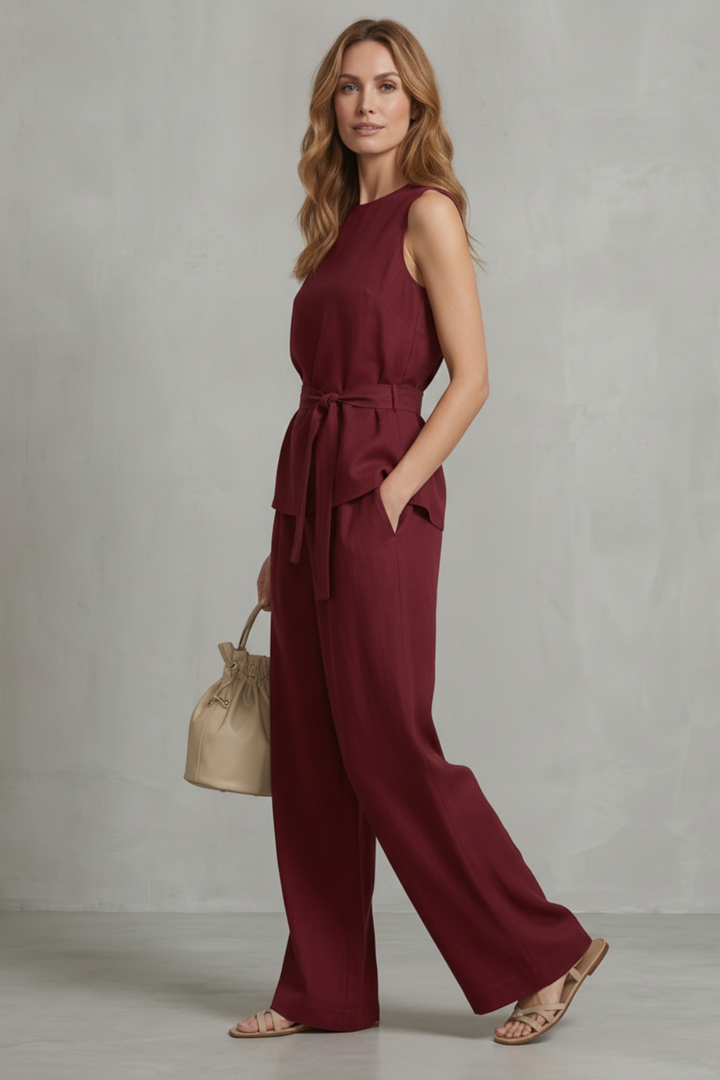 Women's Tie Waist Top and Wide Leg Trouser Co-ord Set - Beaurielle