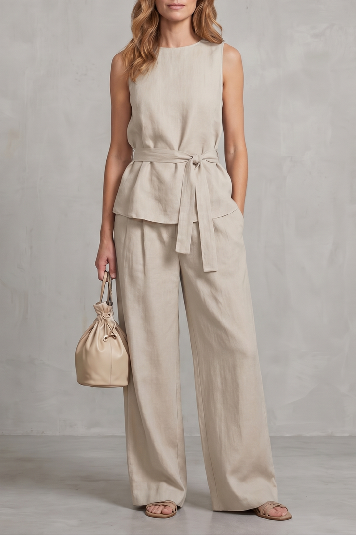Women's Tie Waist Top and Wide Leg Trouser Co-ord Set - Beaurielle
