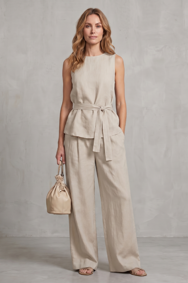 Women's Tie Waist Top and Wide Leg Trouser Co-ord Set - Beaurielle