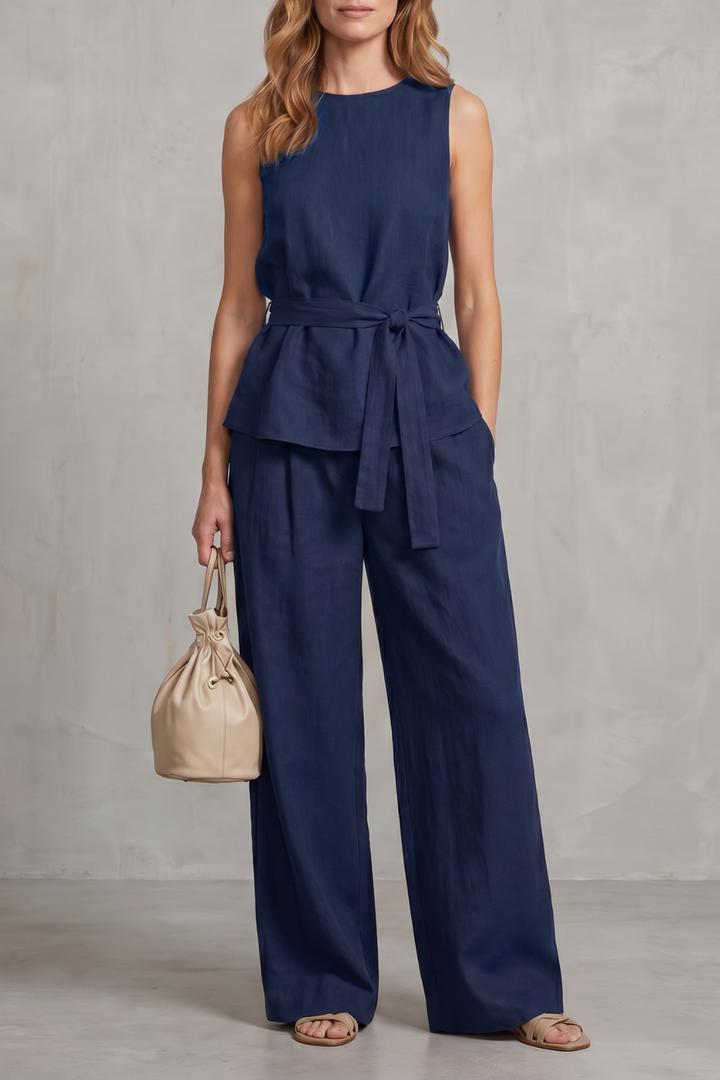Women's Tie Waist Top and Wide Leg Trouser Co-ord Set - Beaurielle