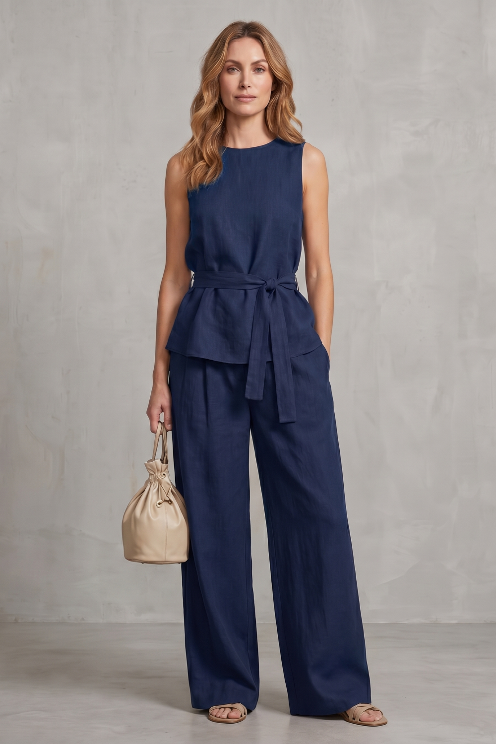 Women's Tie Waist Top and Wide Leg Trouser Co-ord Set - Beaurielle