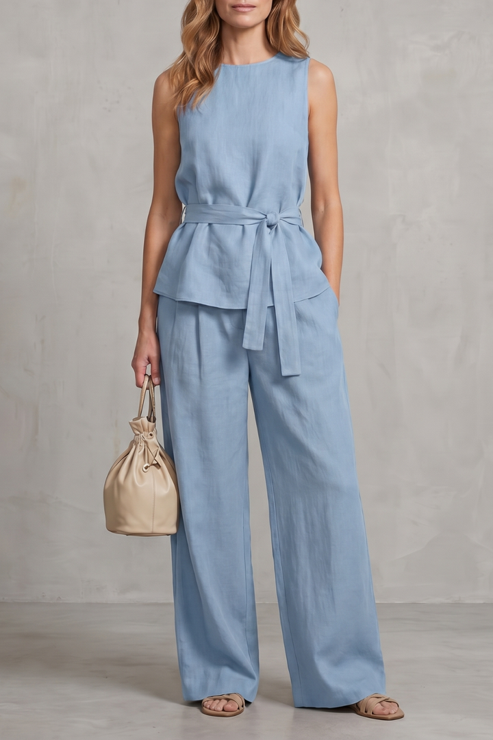 Women's Tie Waist Top and Wide Leg Trouser Co-ord Set - Beaurielle