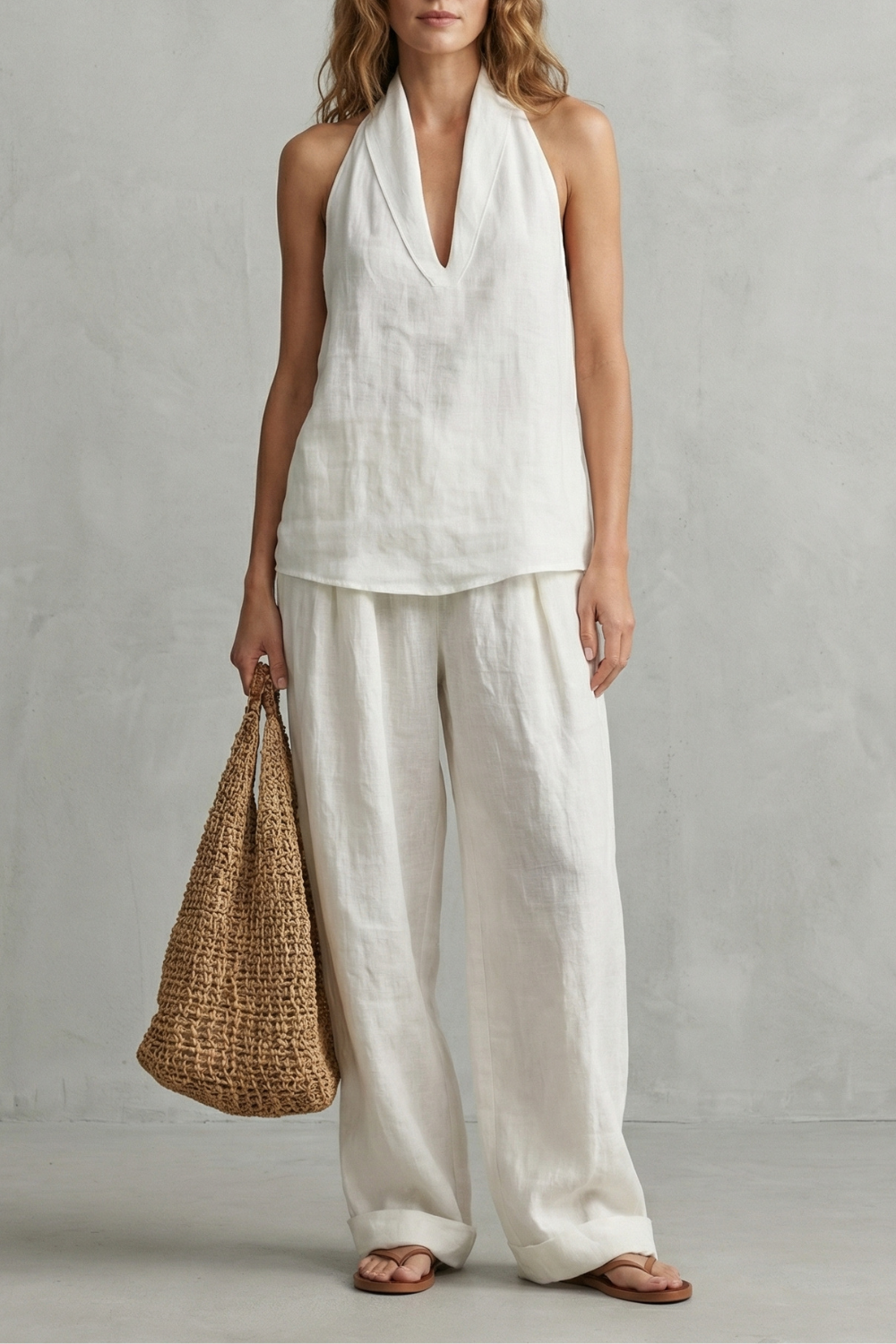 Women's Linen Halter Top and Wide Leg Trouser Set - Camillette