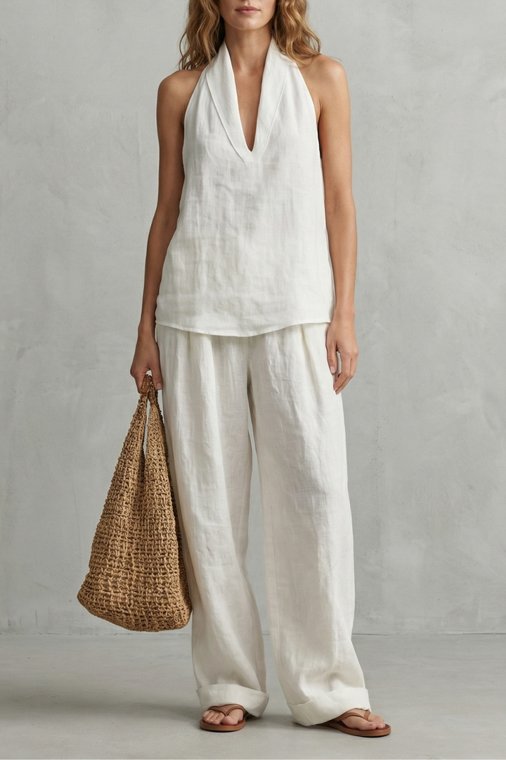 Women's Linen Halter Top and Wide Leg Trouser Set - Camillette