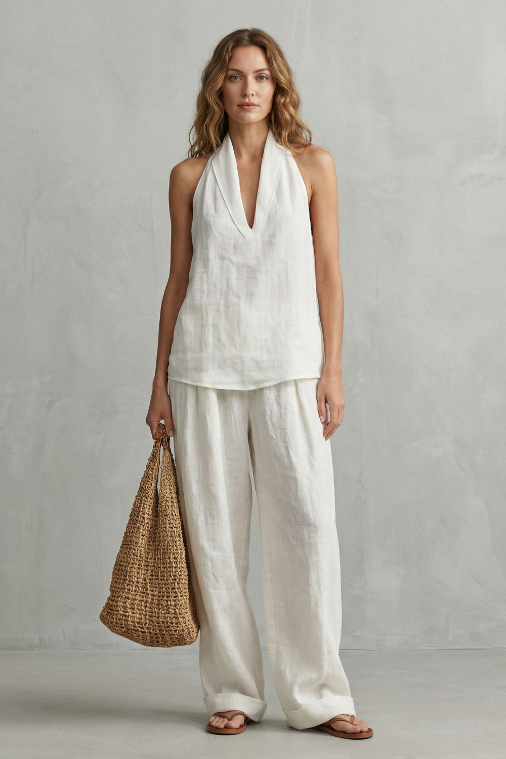 Women's Linen Halter Top and Wide Leg Trouser Set - Camillette