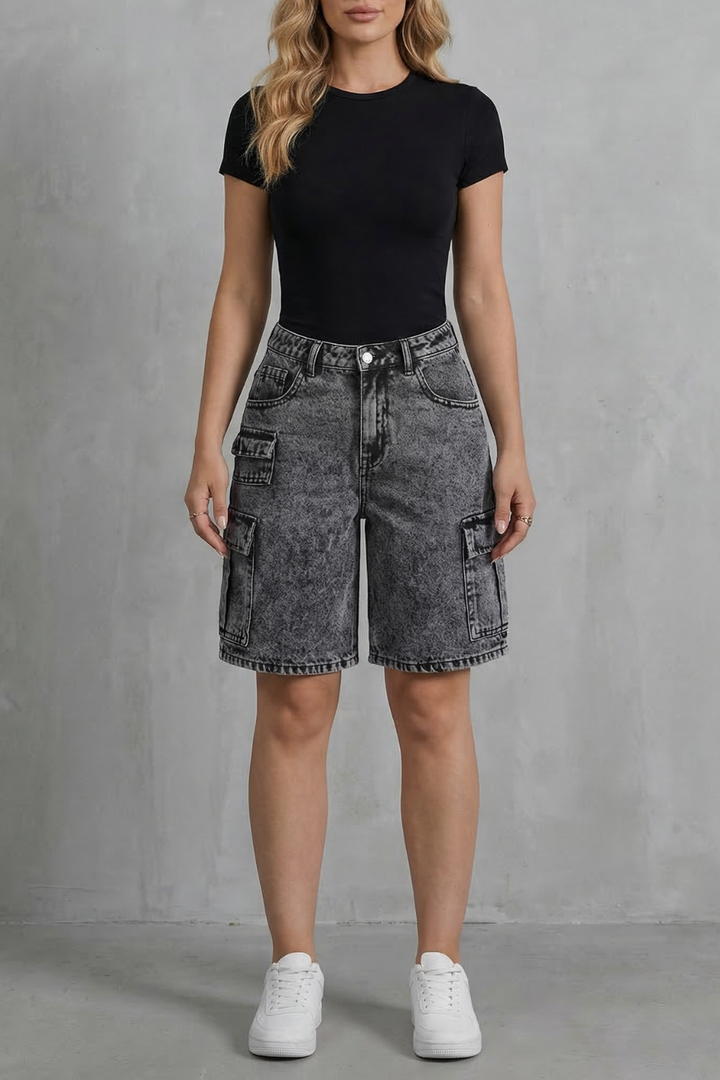 Women's High Waisted Denim Cargo Shorts in Grey - Prielle