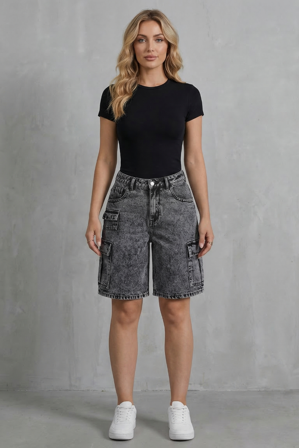 Women's High Waisted Denim Cargo Shorts in Grey - Prielle