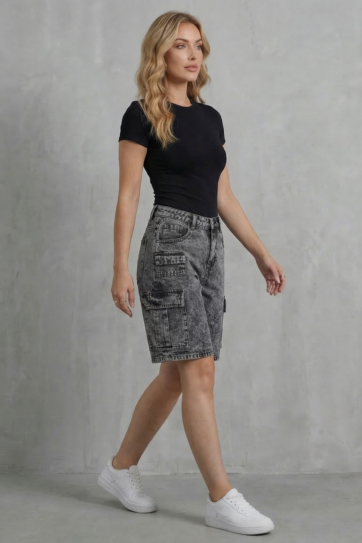 Women's High Waisted Denim Cargo Shorts in Grey - Prielle