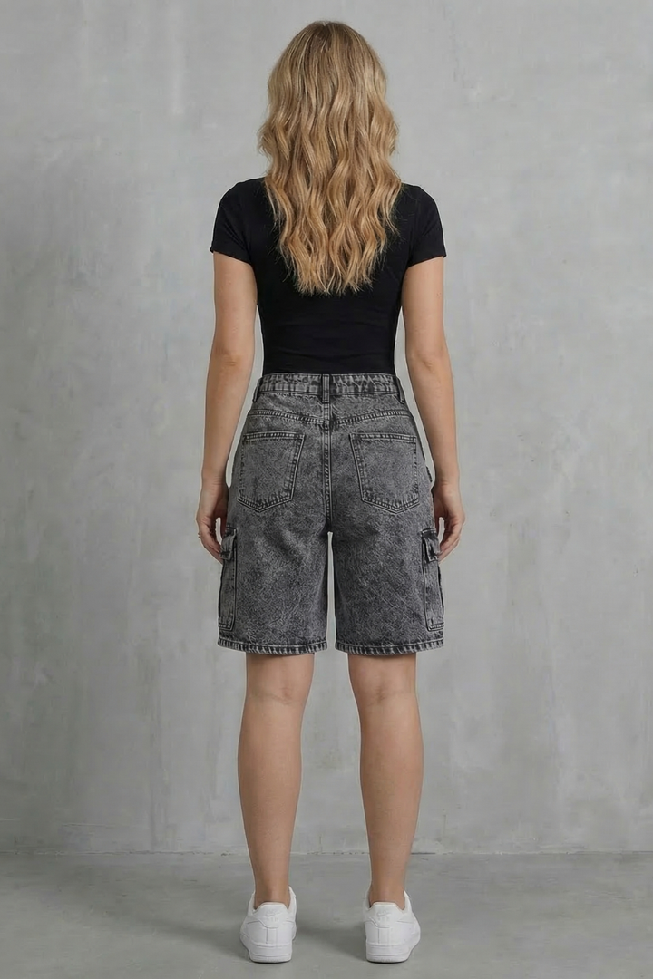 Women's High Waisted Denim Cargo Shorts in Grey - Prielle