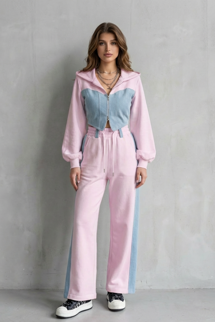 Women's Denim Panel Hoodie and Jogger Co-ord Set - Gwendrelle