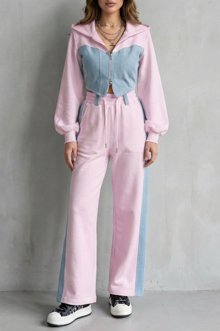 Women's Denim Panel Hoodie and Jogger Co-ord Set - Gwendrelle
