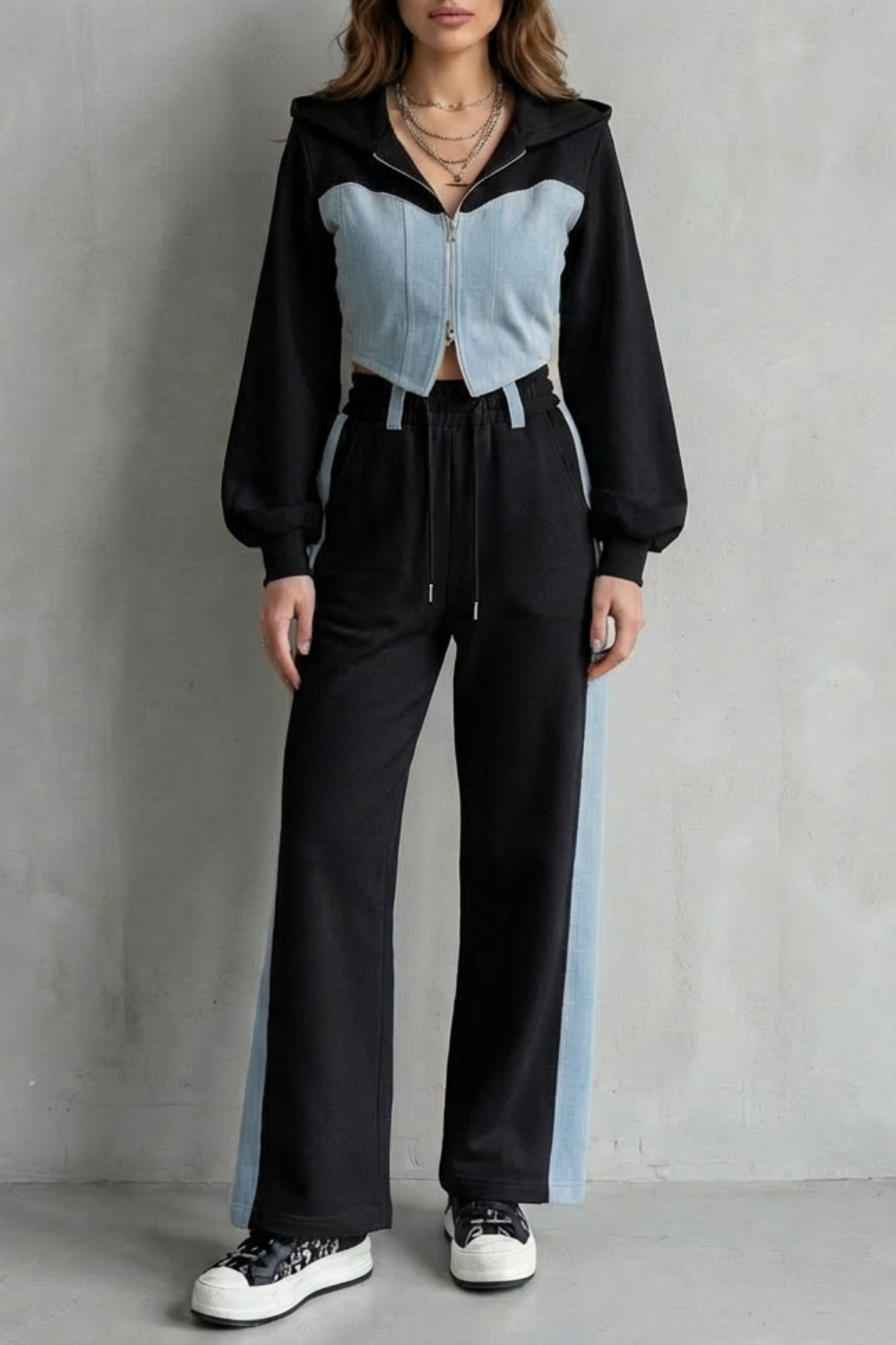 Women's Denim Panel Hoodie and Jogger Co-ord Set - Gwendrelle
