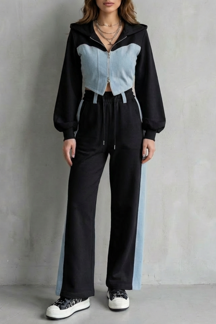 Women's Denim Panel Hoodie and Jogger Co-ord Set - Gwendrelle