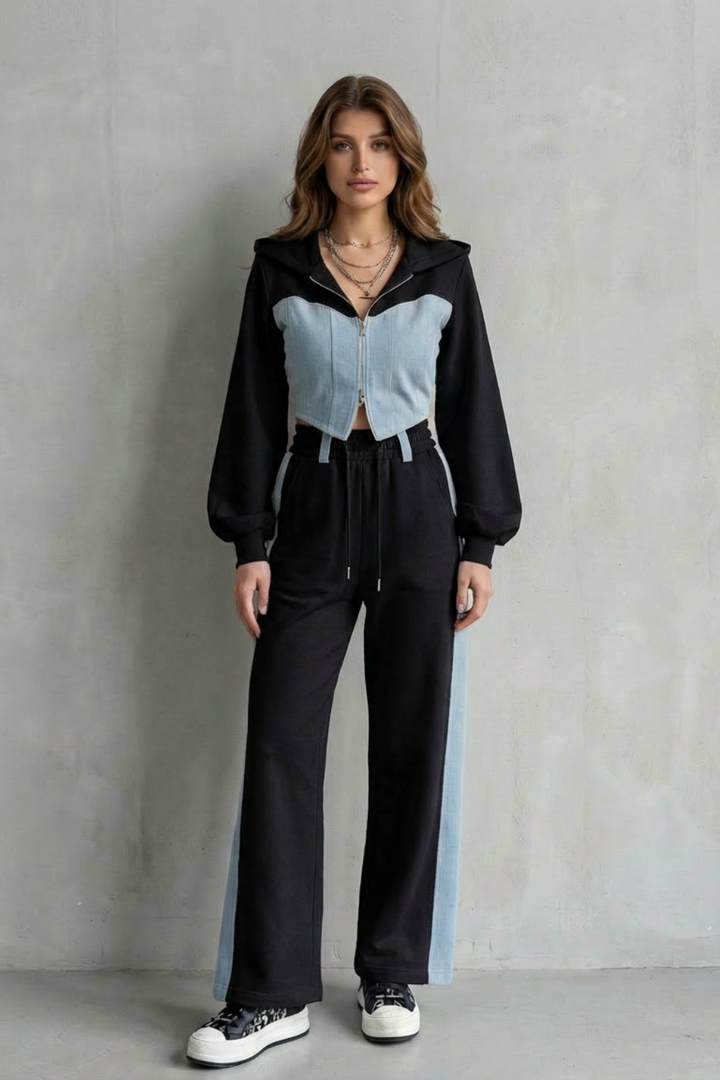 Women's Denim Panel Hoodie and Jogger Co-ord Set - Gwendrelle