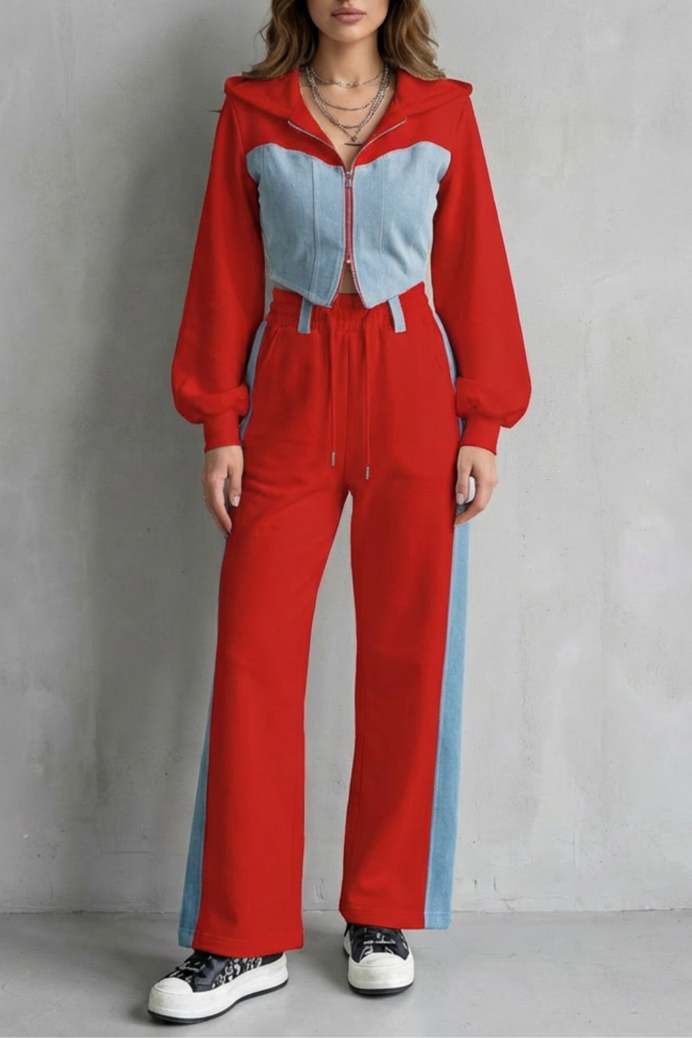 Women's Denim Panel Hoodie and Jogger Co-ord Set - Gwendrelle
