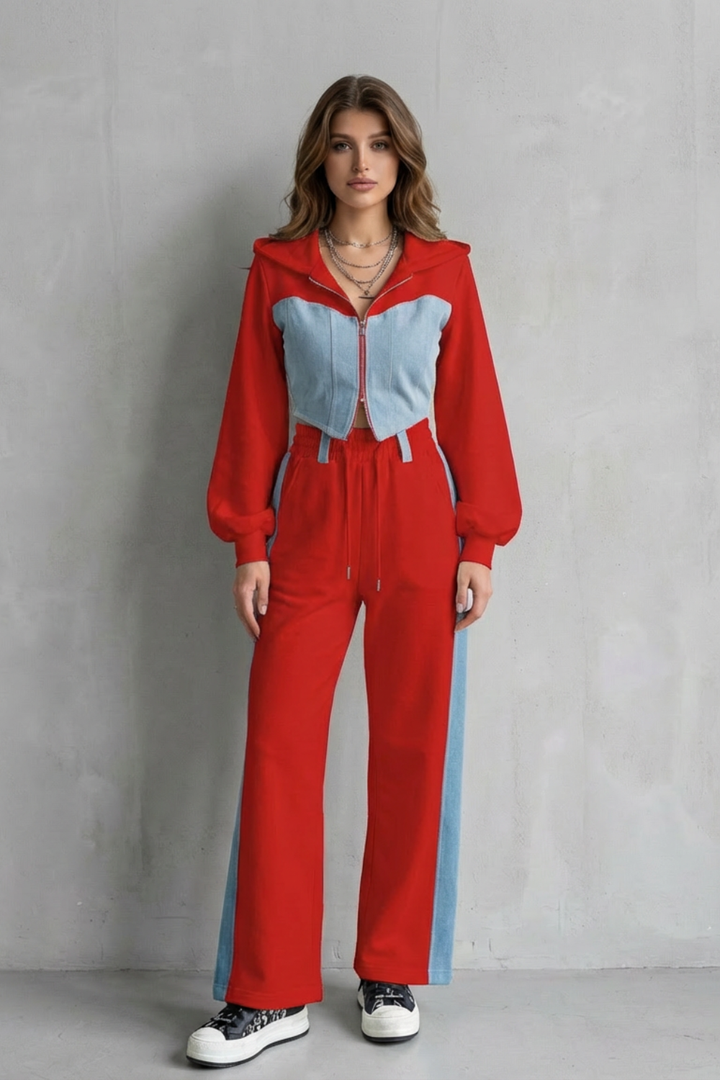 Women's Denim Panel Hoodie and Jogger Co-ord Set - Gwendrelle