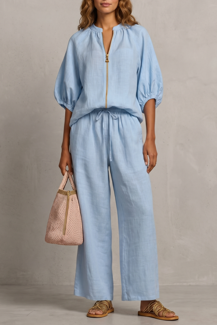 Women's Zip-Front Puff Sleeve Top and Trouser Co-ord Set - Emberlise