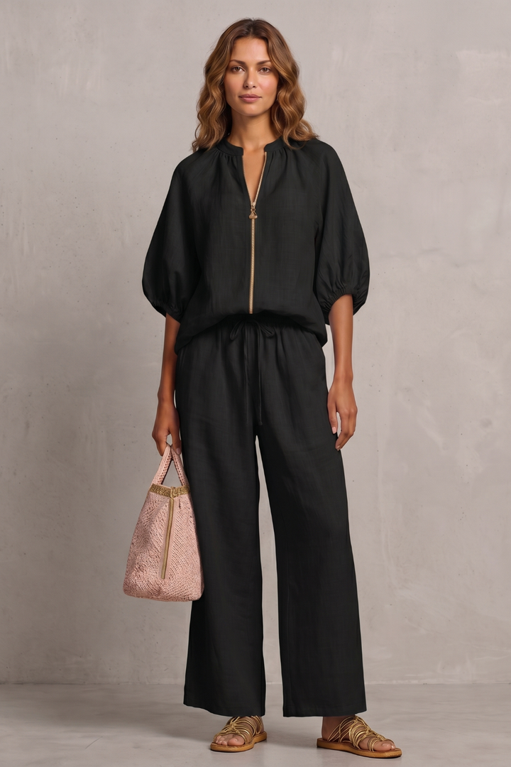 Women's Zip-Front Puff Sleeve Top and Trouser Co-ord Set - Emberlise