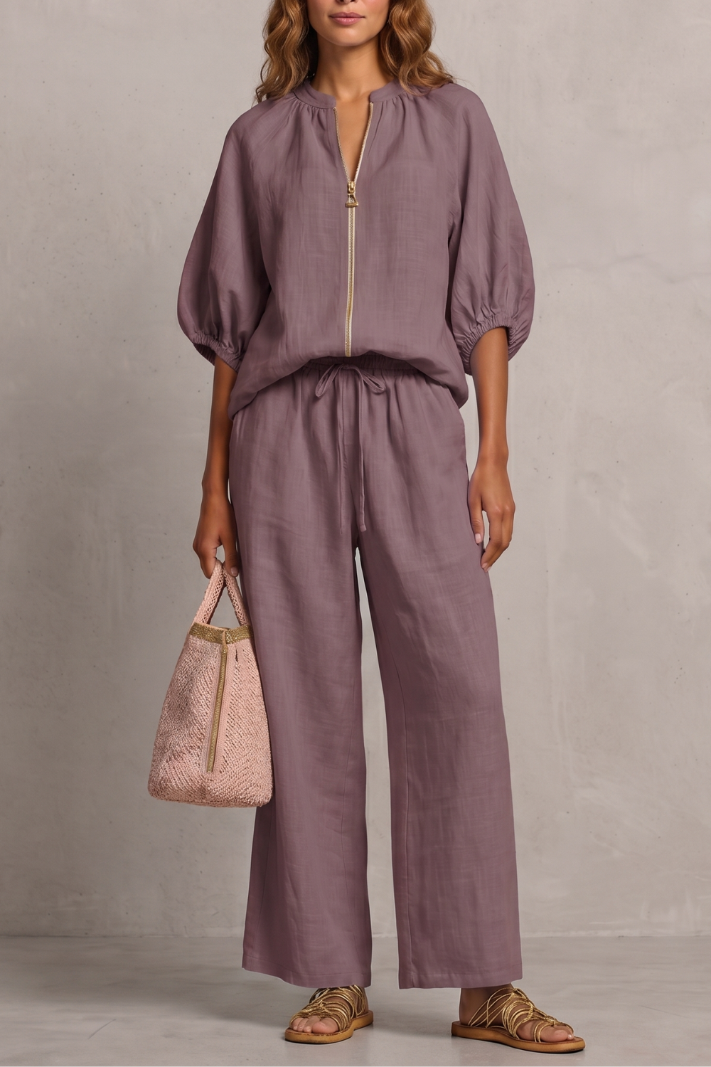 Women's Zip-Front Puff Sleeve Top and Trouser Co-ord Set - Emberlise