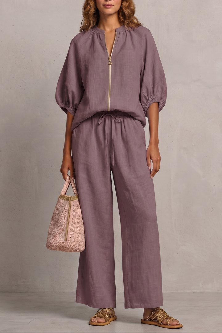 Women's Zip-Front Puff Sleeve Top and Trouser Co-ord Set - Emberlise