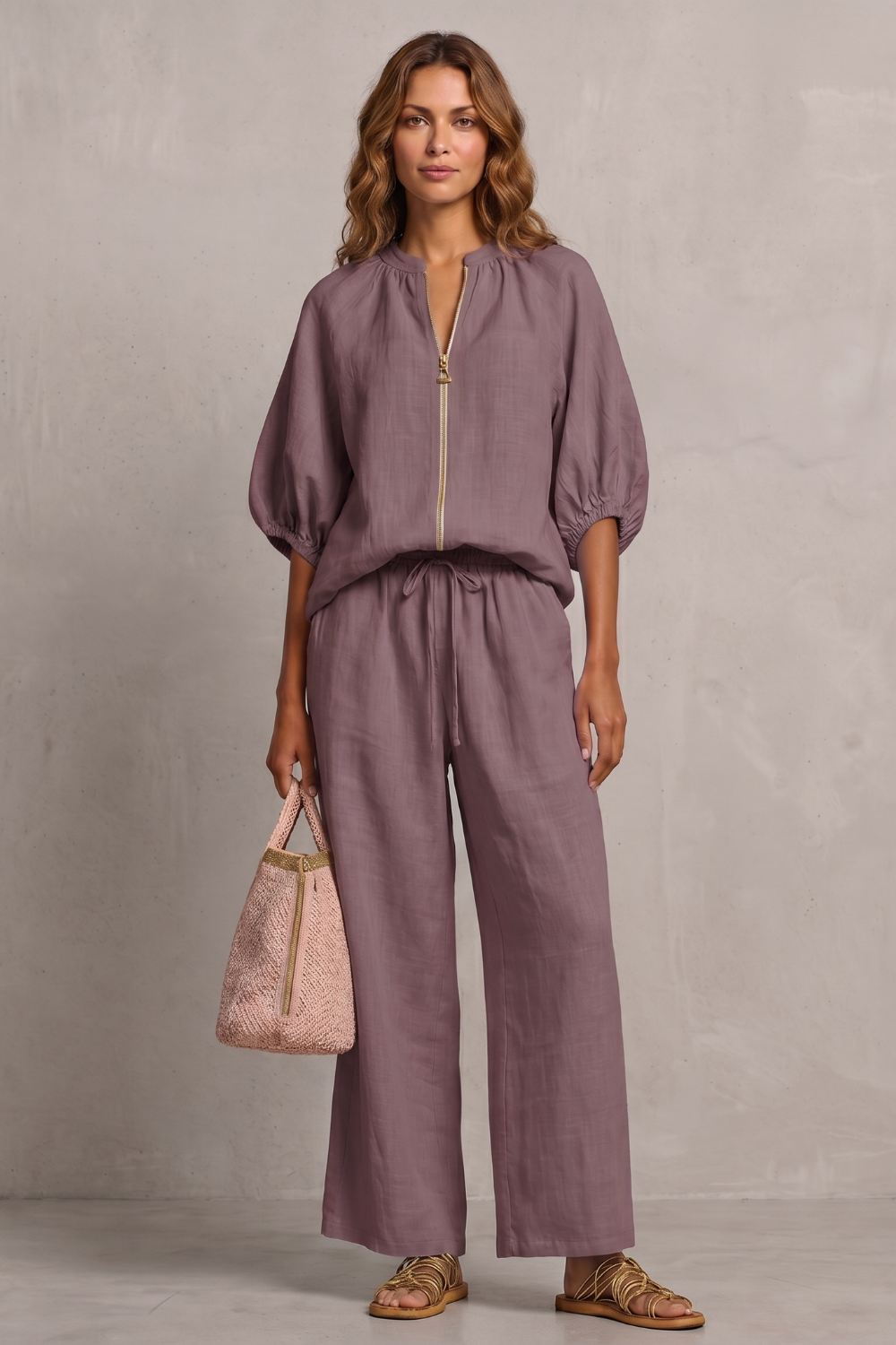 Women's Zip-Front Puff Sleeve Top and Trouser Co-ord Set - Emberlise