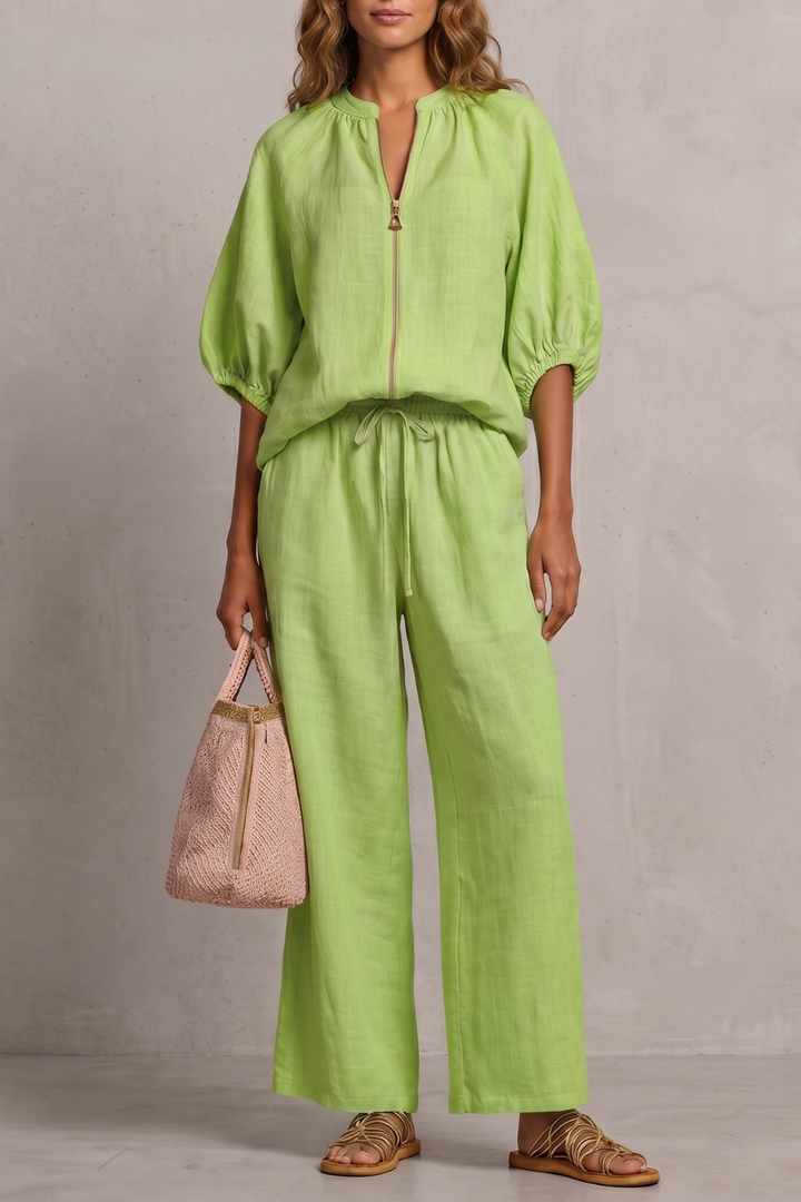 Women's Zip-Front Puff Sleeve Top and Trouser Co-ord Set - Emberlise