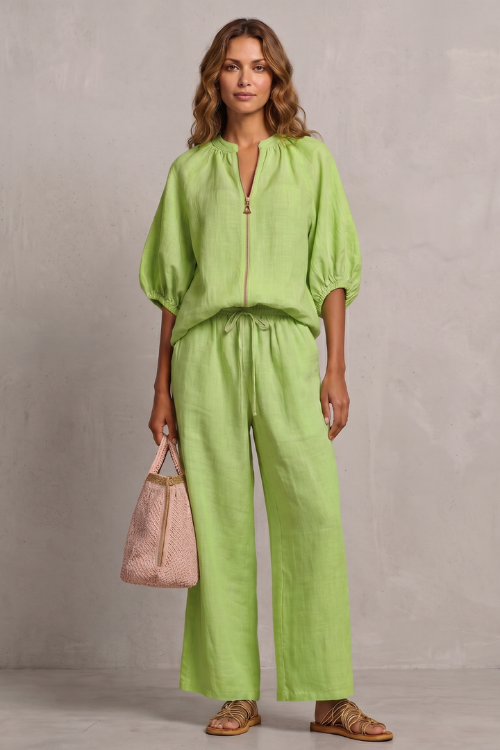 Women's Zip-Front Puff Sleeve Top and Trouser Co-ord Set - Emberlise