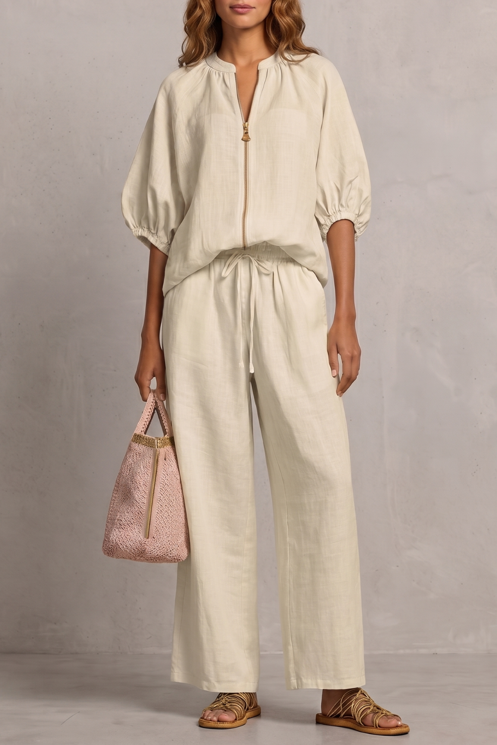 Women's Zip-Front Puff Sleeve Top and Trouser Co-ord Set - Emberlise