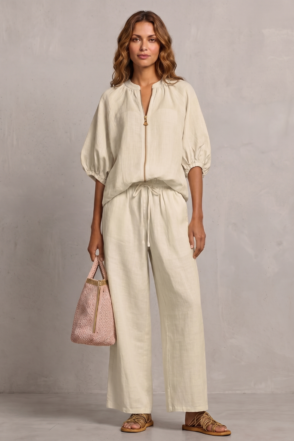 Women's Zip-Front Puff Sleeve Top and Trouser Co-ord Set - Emberlise