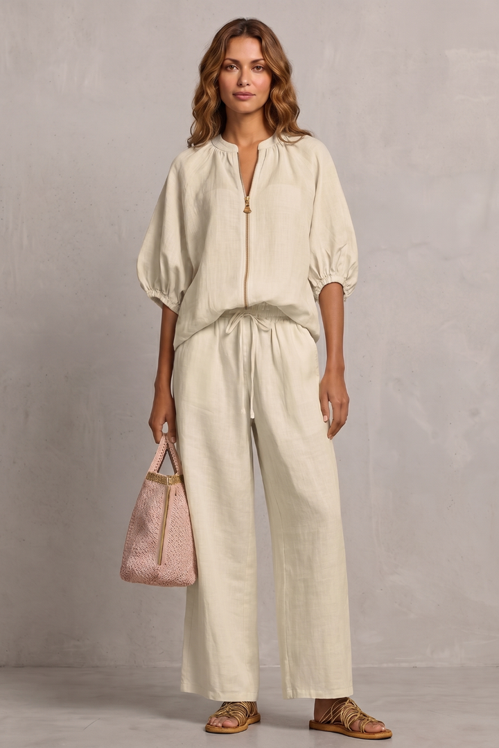 Women's Zip-Front Puff Sleeve Top and Trouser Co-ord Set - Emberlise