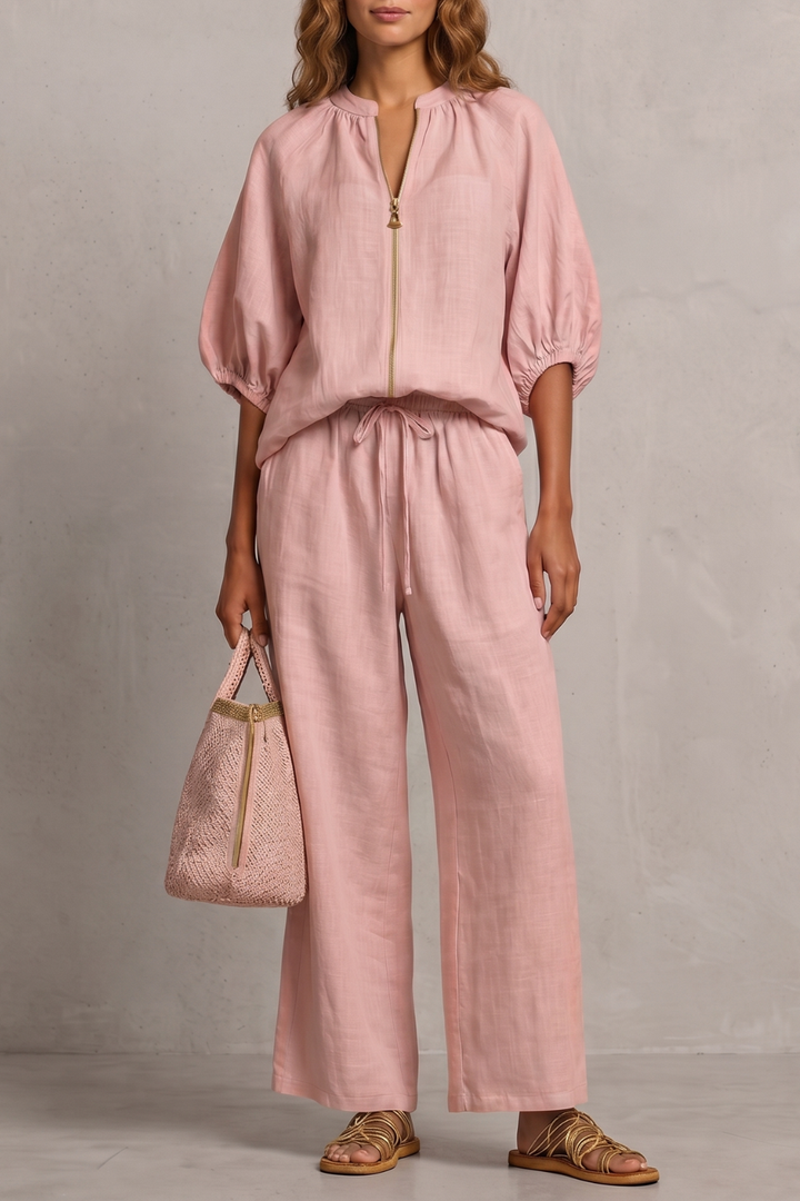 Women's Zip-Front Puff Sleeve Top and Trouser Co-ord Set - Emberlise