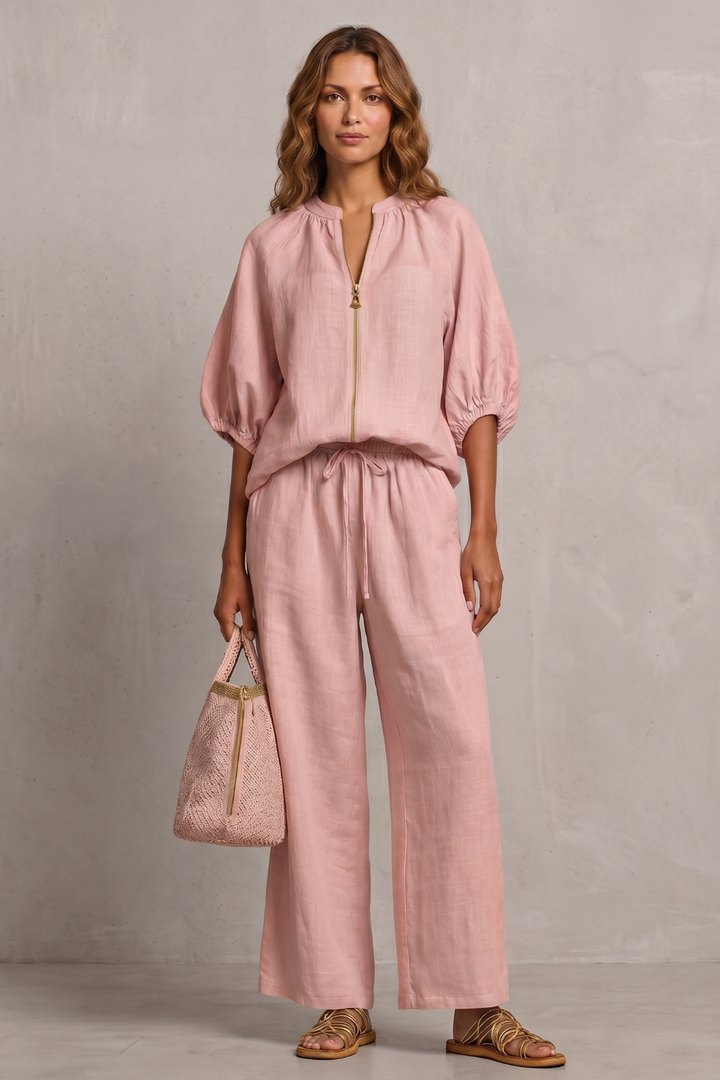 Women's Zip-Front Puff Sleeve Top and Trouser Co-ord Set - Emberlise