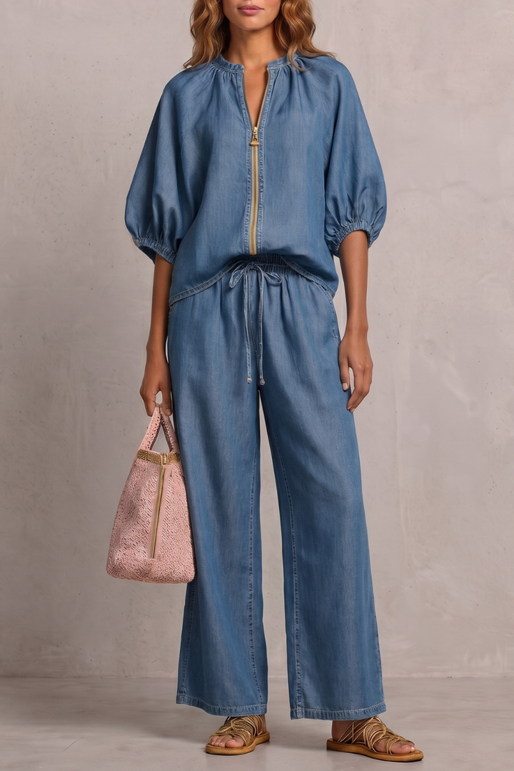 Women's Zip-Front Puff Sleeve Top and Trouser Co-ord Set - Emberlise