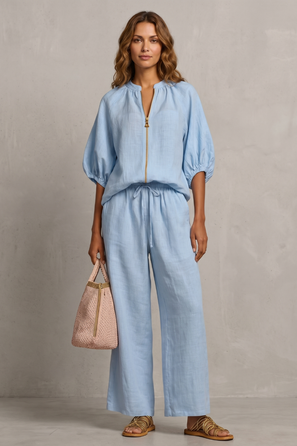 Women's Zip-Front Puff Sleeve Top and Trouser Co-ord Set - Emberlise