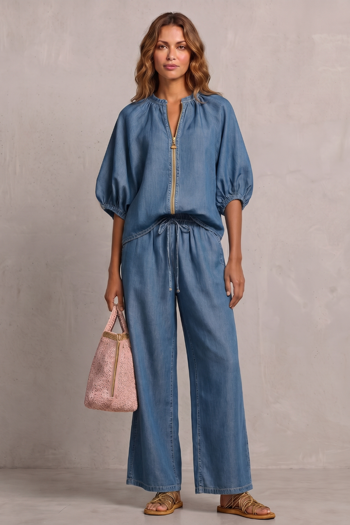 Women's Zip-Front Puff Sleeve Top and Trouser Co-ord Set - Emberlise