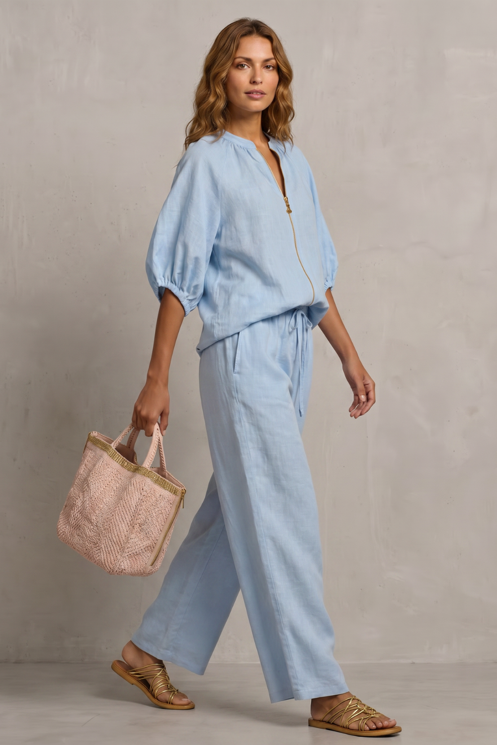 Women's Zip-Front Puff Sleeve Top and Trouser Co-ord Set - Emberlise