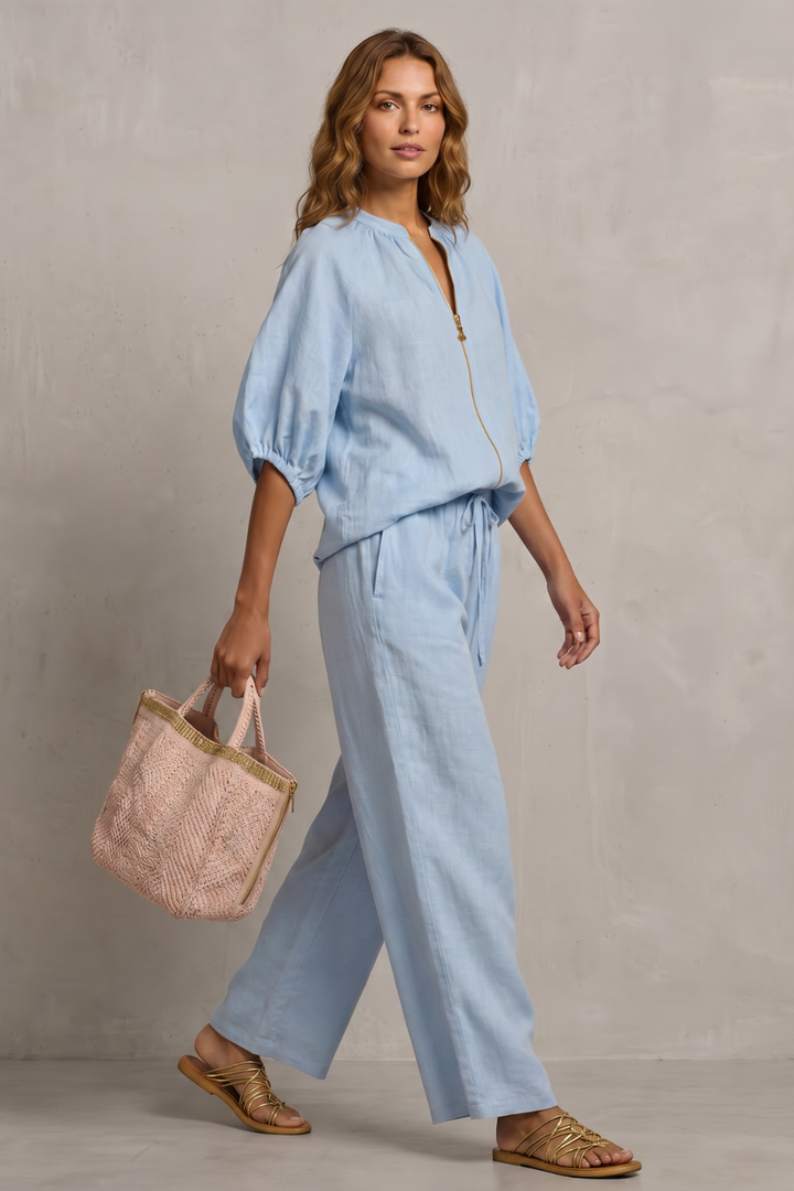 Women's Zip-Front Puff Sleeve Top and Trouser Co-ord Set - Emberlise