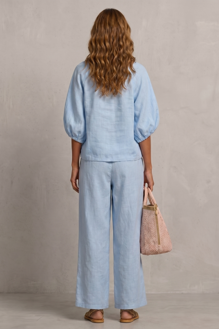 Women's Zip-Front Puff Sleeve Top and Trouser Co-ord Set - Emberlise